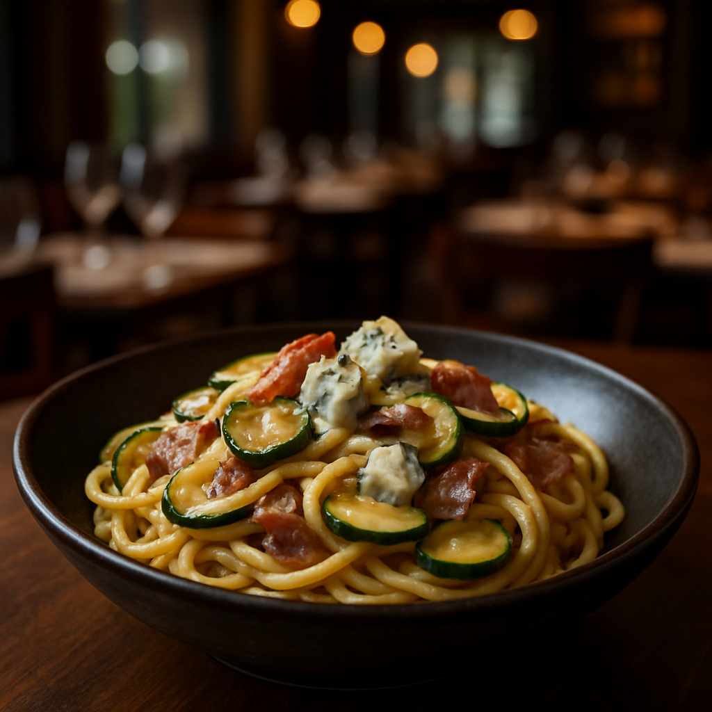 A bowl of pasta with zucchini, speck, and gorgonzola cheese.