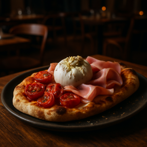 Pinsa topped with roasted tomatoes, burrata, and ham, showcasing a modern Italian twist.