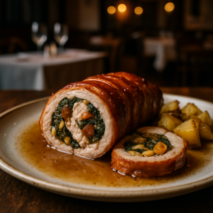 Image of Rabbit Roll with Pine Nuts and Raisins served on a plate.