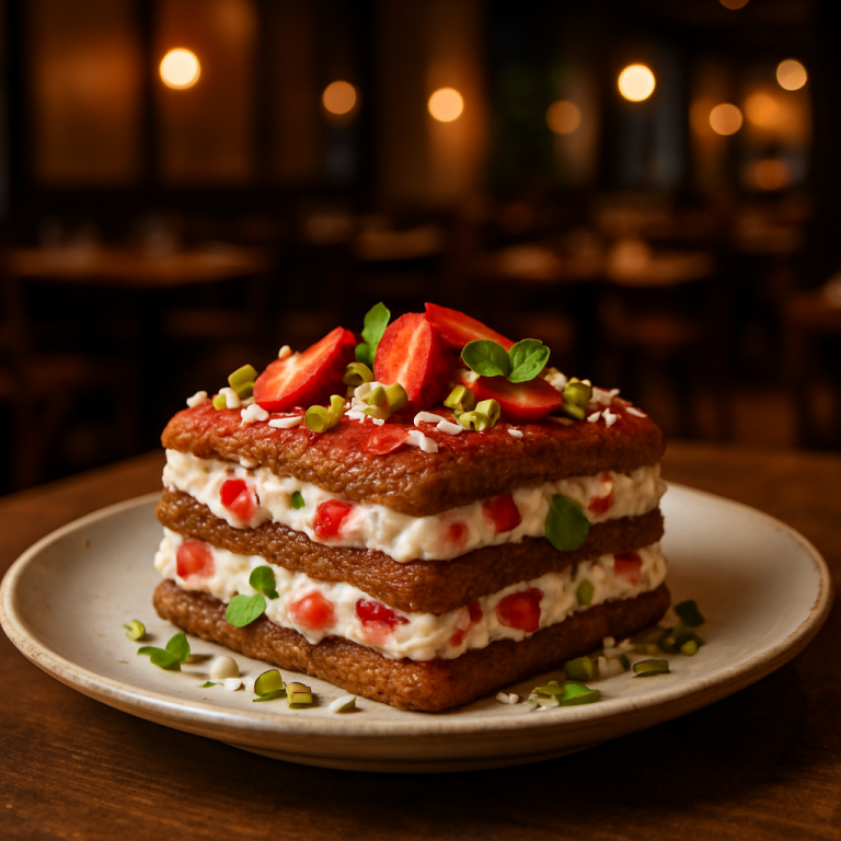 Ricotta and Strawberry Tiramisù with Pavesini served on a plate.