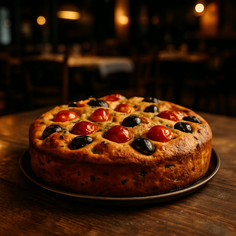 Savory cake with cherry tomatoes and olives on a wooden table.