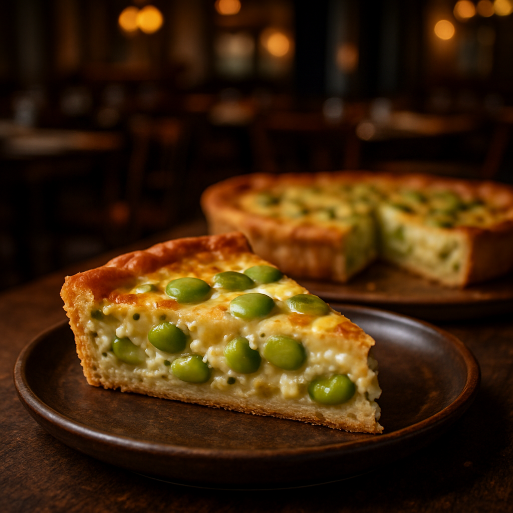 A slice of savory pie with fava beans and pecorino cheese.