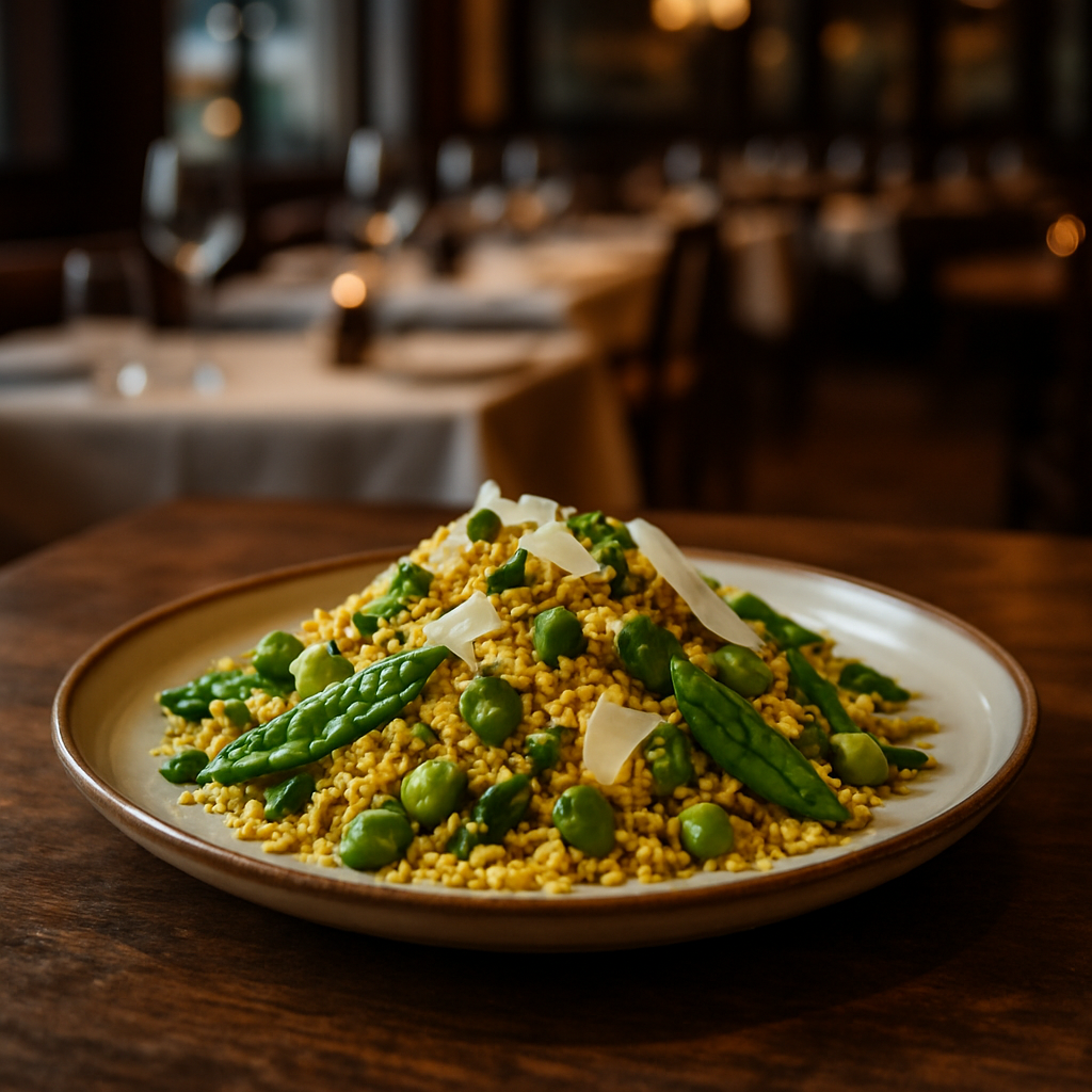Colorful spring couscous with vegetables and Parmesan.
