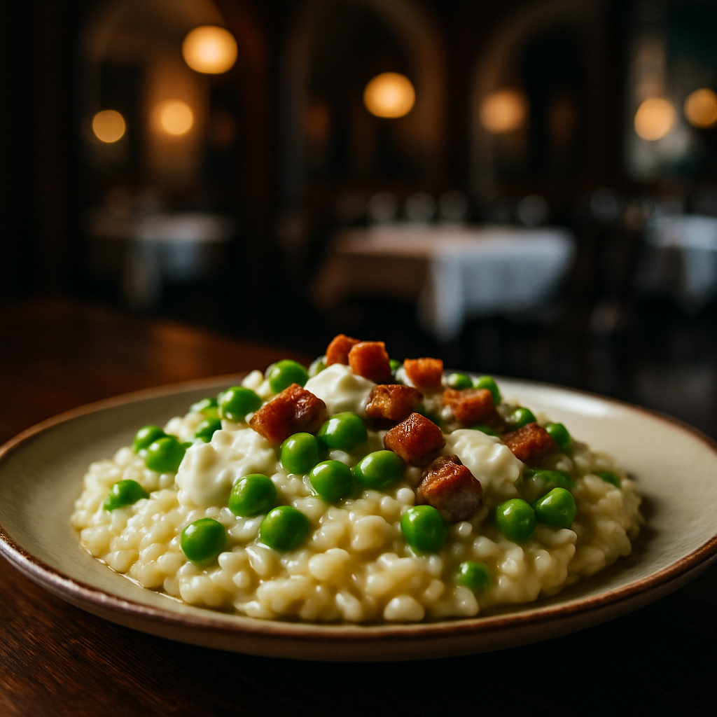 A plate of creamy risotto with peas, crescenza cheese, and crispy pancetta.