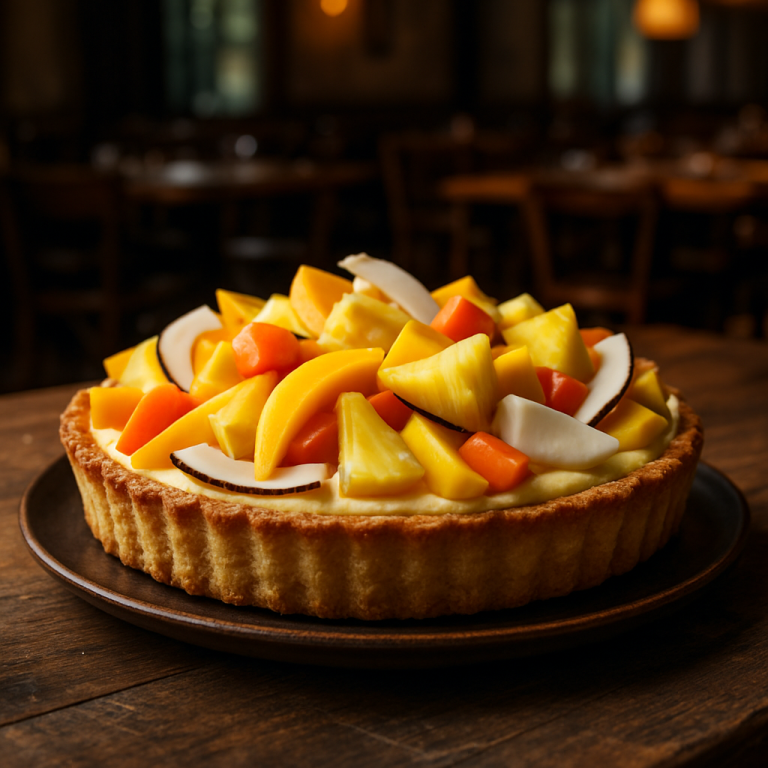 A vibrant Tropical Tart topped with exotic fruits like mango, pineapple, and coconut on a flaky crust.
