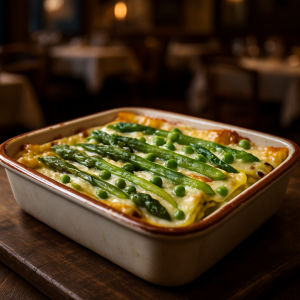 Vegan asparagus and pea lasagna with creamy sauce, served in a baking dish.