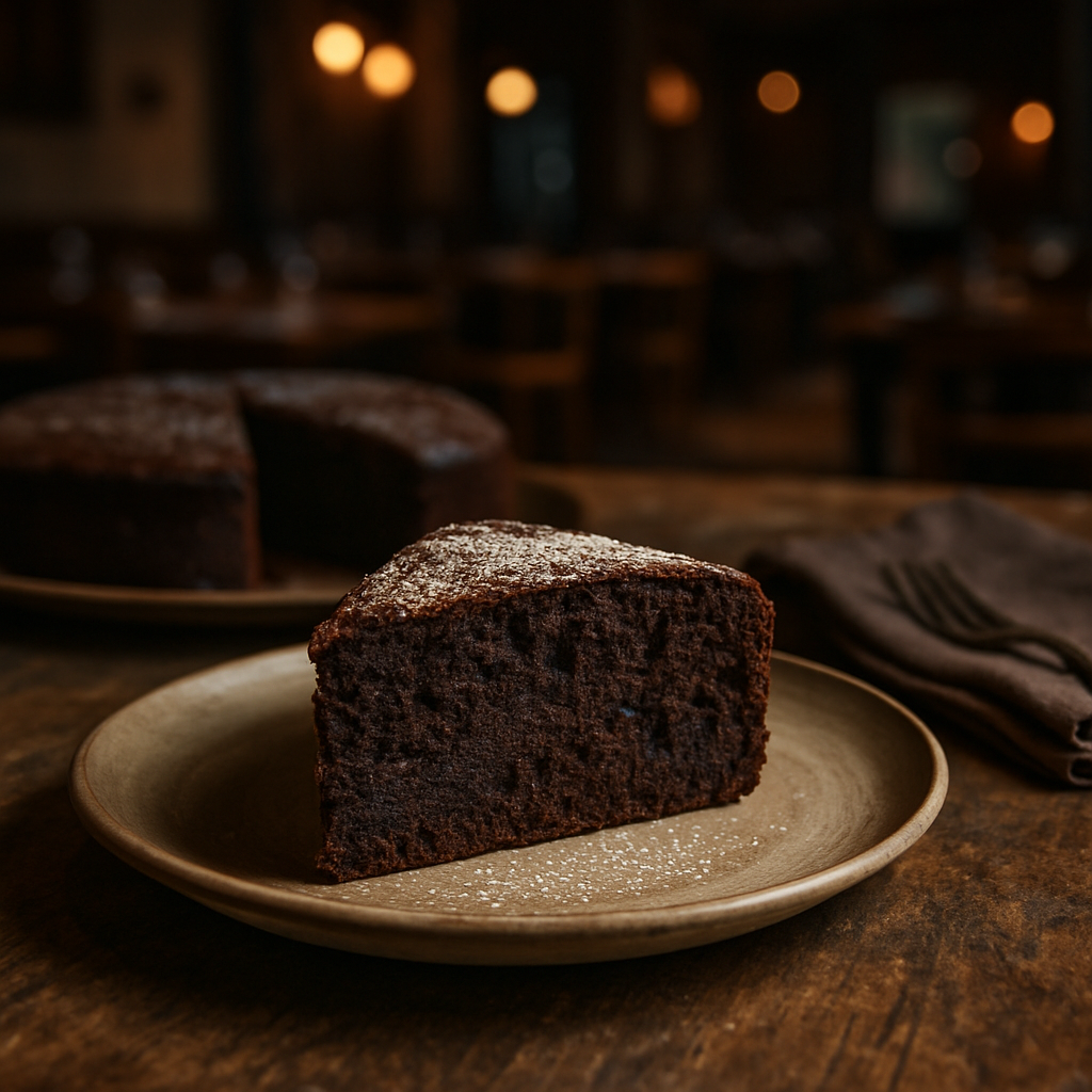 A slice of vegan chocolate cake on a rustic Italian table.