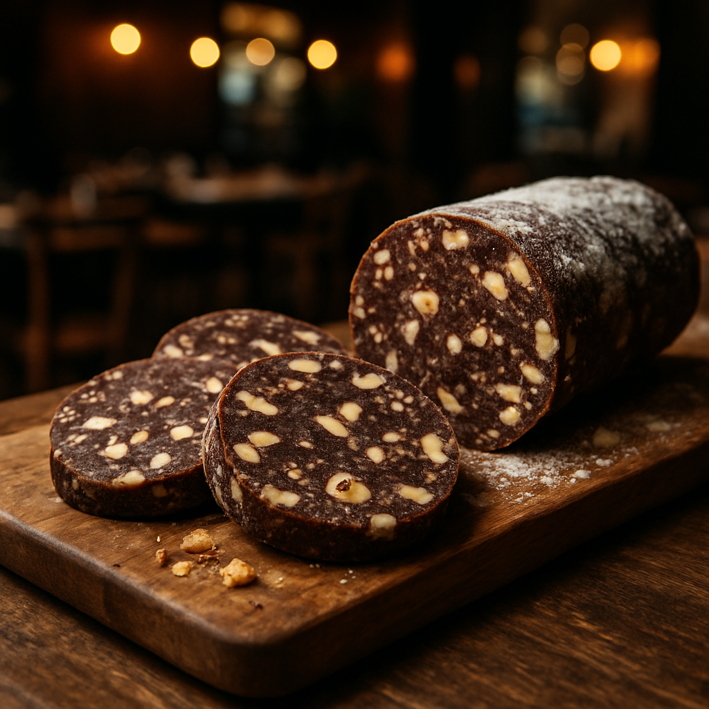Vegan chocolate salami slices with nuts on a wooden board.