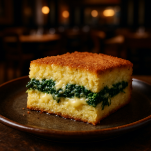 A slice of vegetarian potato gateau with spinach and cheese.