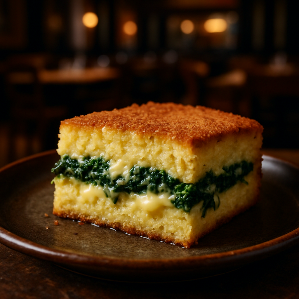 A slice of vegetarian potato gateau with spinach and cheese.