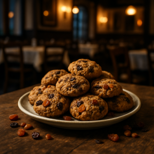 Whole wheat cookies with dried fruits on a rustic wooden table.