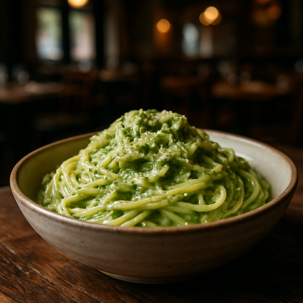 A bowl of creamy zucchini and almond pesto with pasta.