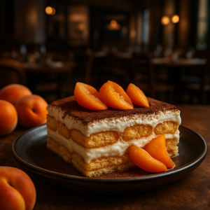 A delicious serving of Apricot Tiramisù with Pavesini, showcasing creamy mascarpone and fresh apricots.
