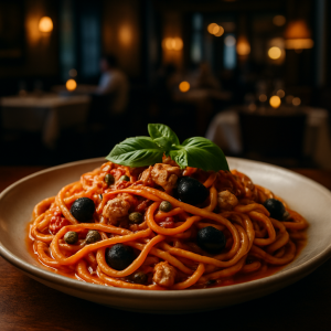 Plate of Pasta alla Strombolana with Mediterranean ingredients.