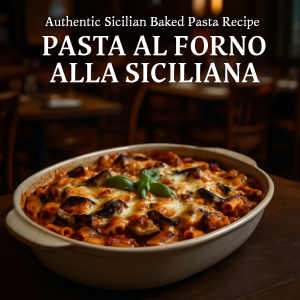 Baked pasta with eggplant and cheese in a casserole dish.