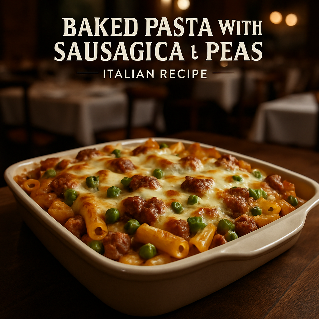 Baked pasta with sausage and peas topped with melted mozzarella.