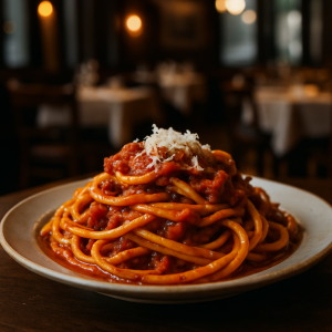 Plate of Bucatini alla Marchigiana with tomato sauce and pecorino cheese.