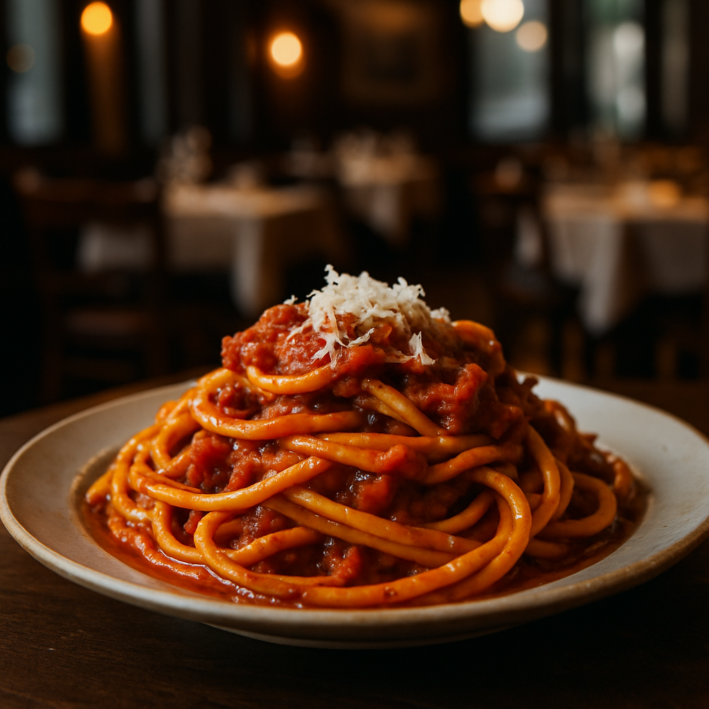 Plate of Bucatini alla Marchigiana with tomato sauce and pecorino cheese.