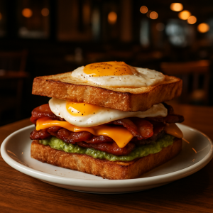 Canadian breakfast sandwich with bacon, cheddar, and avocado on a plate.
