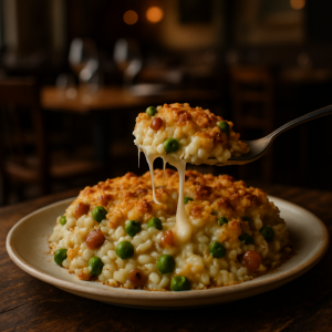 A plate of cheesy baked rice with peas and speck, a classic Italian dish.