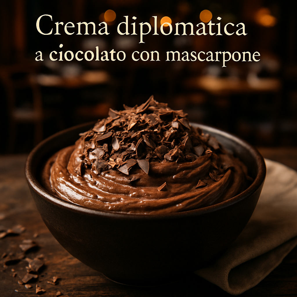 A bowl of chocolate diplomatic cream with mascarpone topped with chocolate shavings.