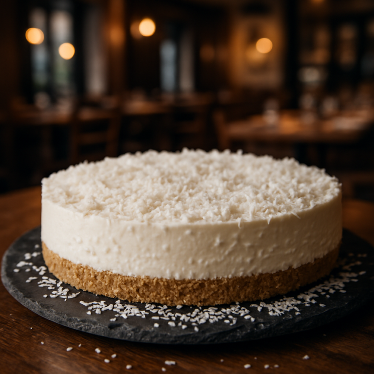 No-bake coconut cheesecake with a crunchy biscuit base and creamy filling.