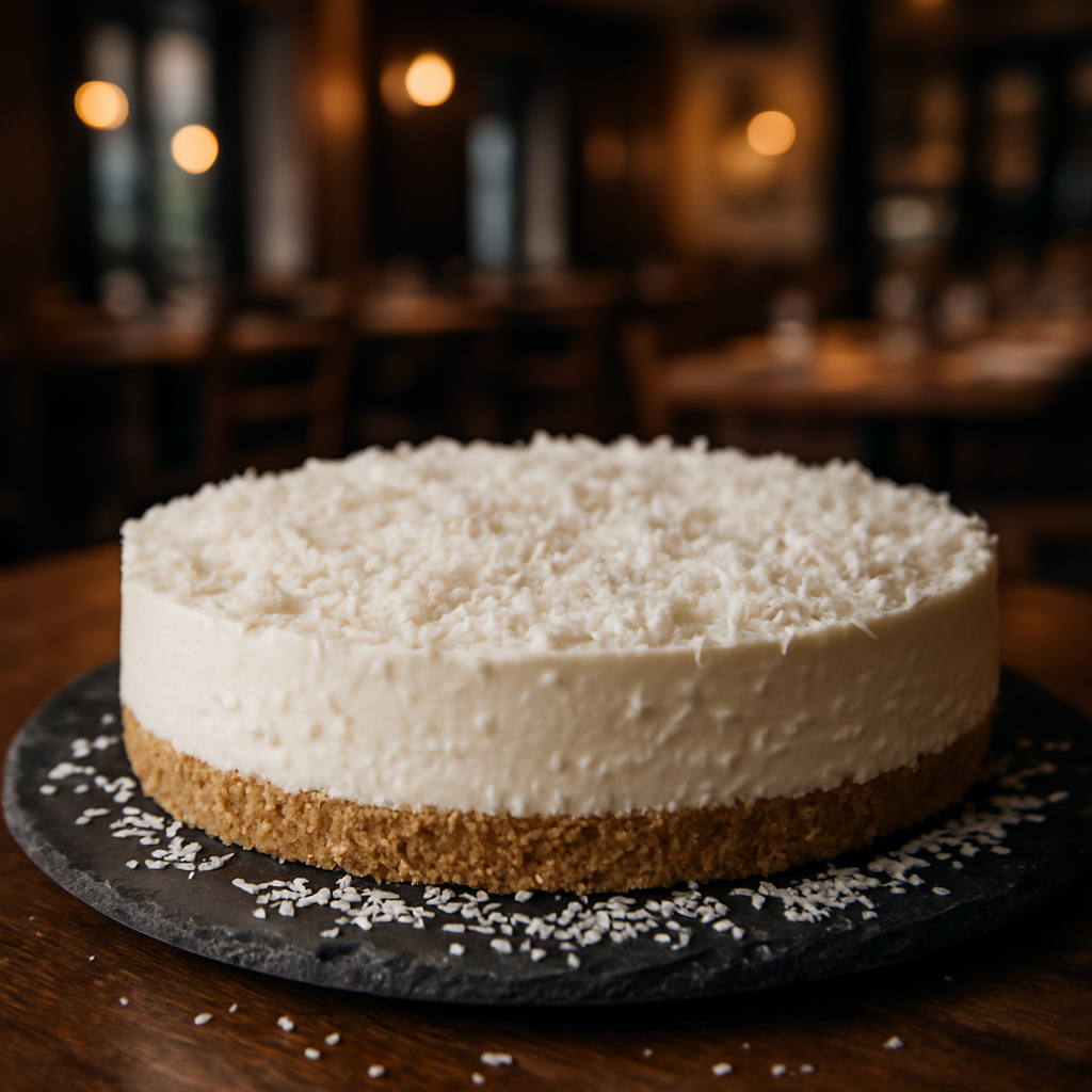 No-bake coconut cheesecake with a crunchy biscuit base and creamy filling.