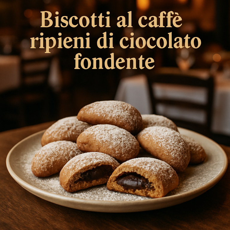 A plate of coffee biscuits filled with dark chocolate, dusted with powdered sugar.