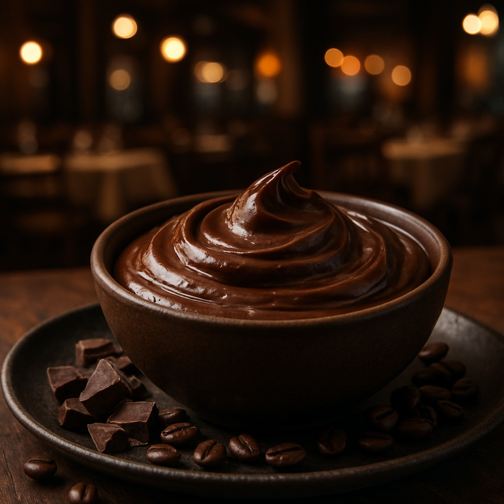 A bowl of creamy coffee ganache with chocolate pieces and coffee beans.