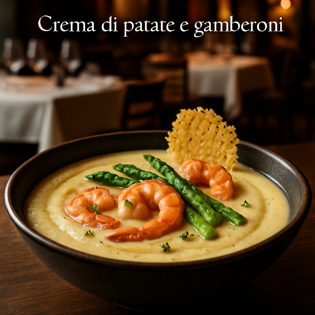 A bowl of creamy potato soup with prawns and asparagus.