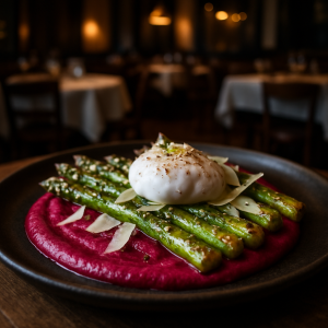 Crispy asparagus on beetroot cream with poached egg, a colorful Italian dish.