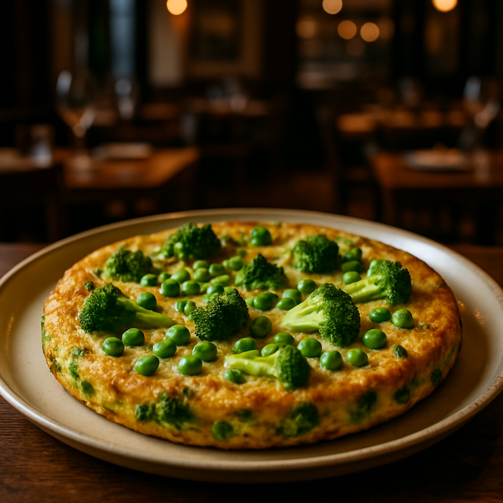 A vibrant pea and broccoli frittata served on a plate.