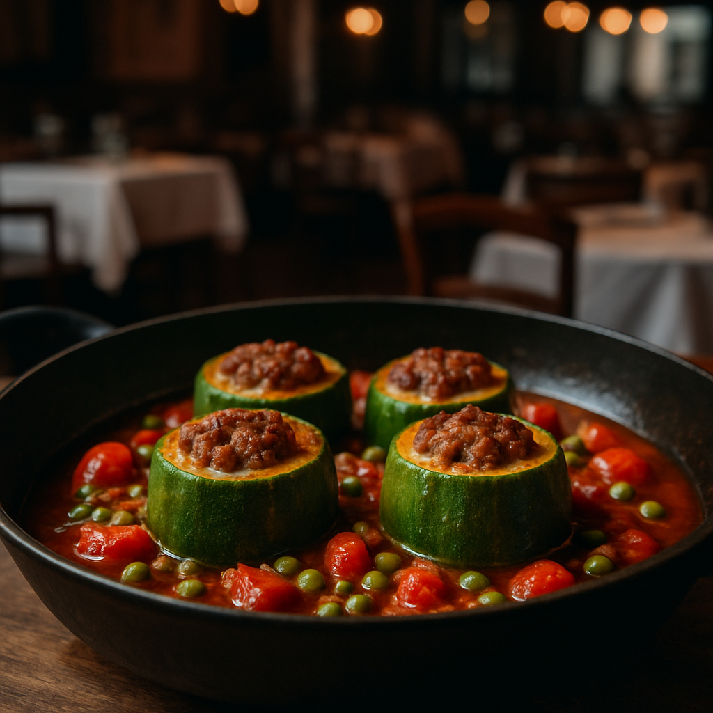 Pan-cooked stuffed zucchini with tomatoes and peas.