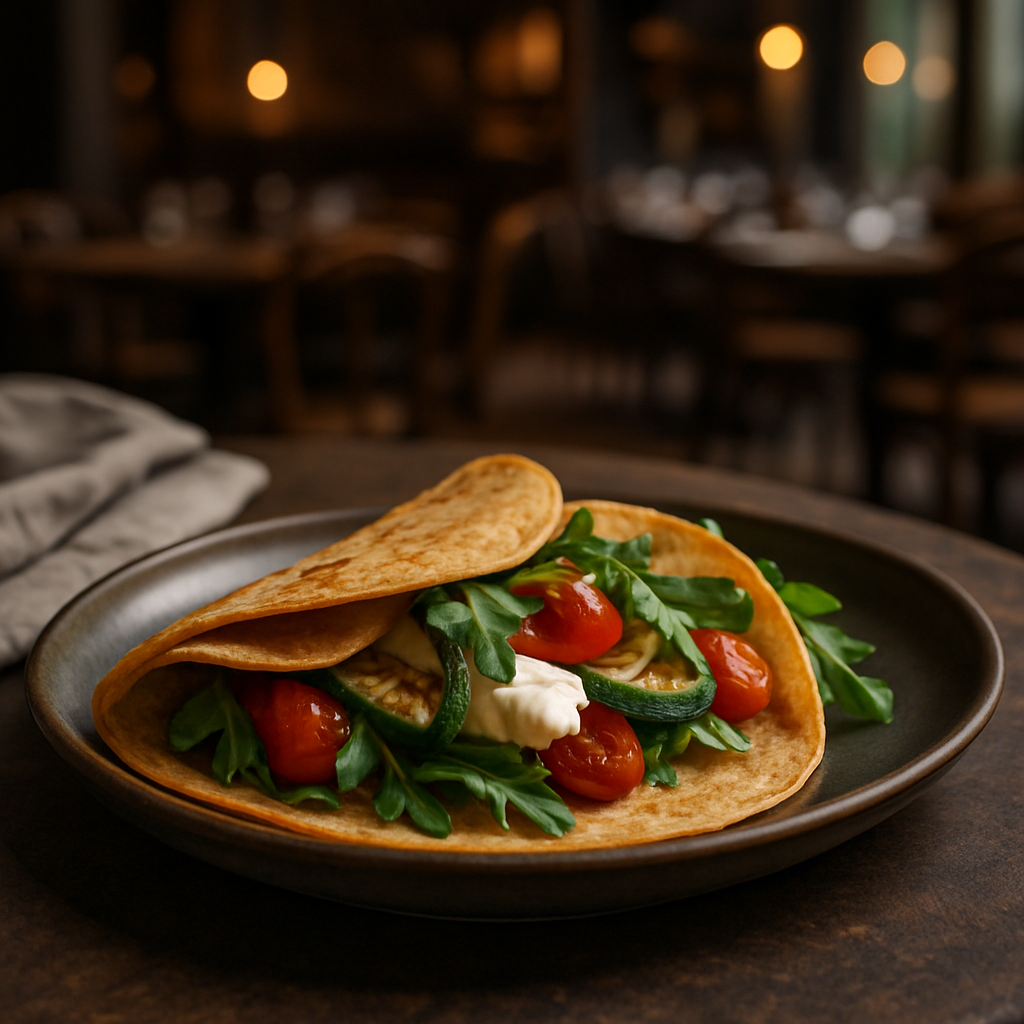 Plate of vegan lentil crepes filled with fresh vegetables.