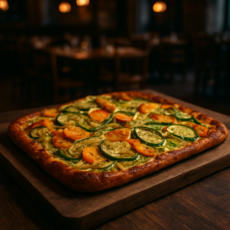 Crispy Vegetable Schiacciata on a wooden board.