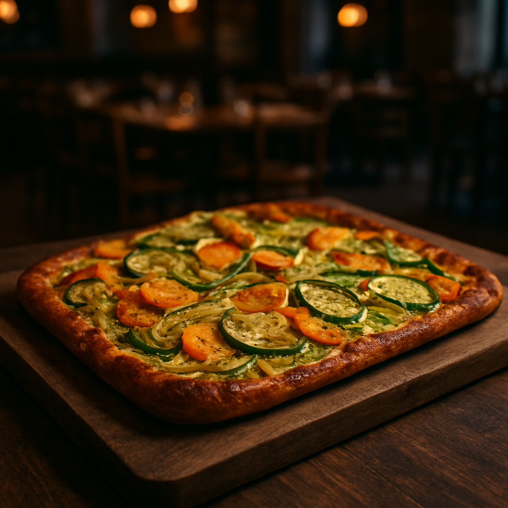 Crispy Vegetable Schiacciata on a wooden board.