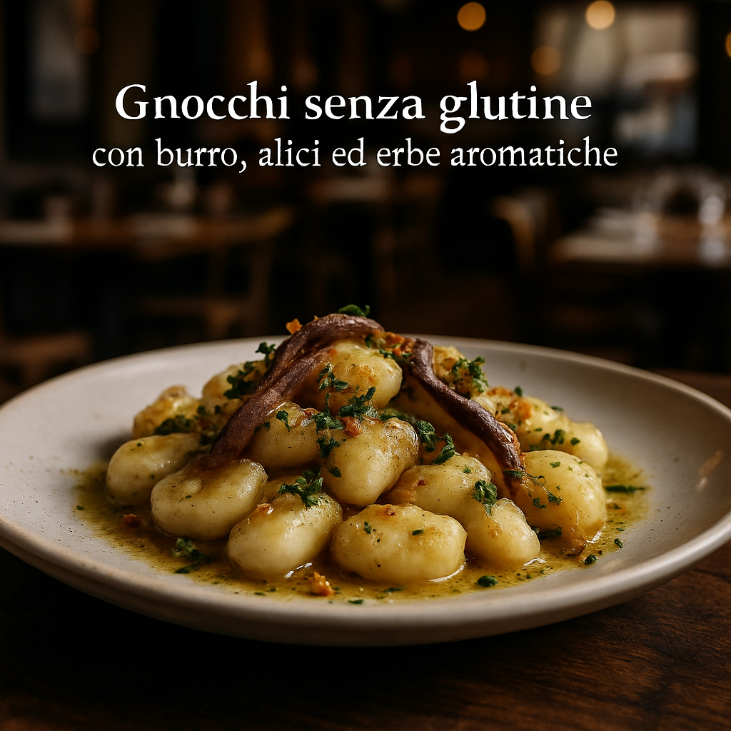 A plate of gluten-free gnocchi with butter, anchovies, and herbs.