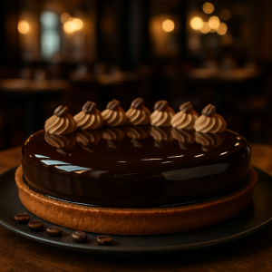 Gourmet Chocolate and Coffee Tart with glossy glaze and coffee ganache.