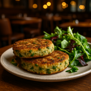 Green Bean and Potato Burgers served on a plate with fresh salad.