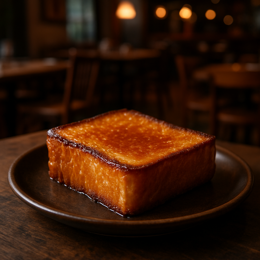 A delicious slice of honey butter toast with a golden, caramelized top.