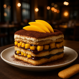 Mango and Chocolate Tiramisu with Pavesini biscuits.