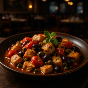 Mediterranean chicken bites with tomatoes, olives, and capers.