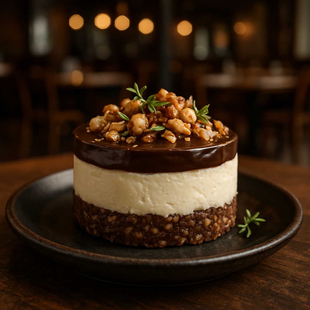 Mini cheesecake with nuts and chocolate on a plate.
