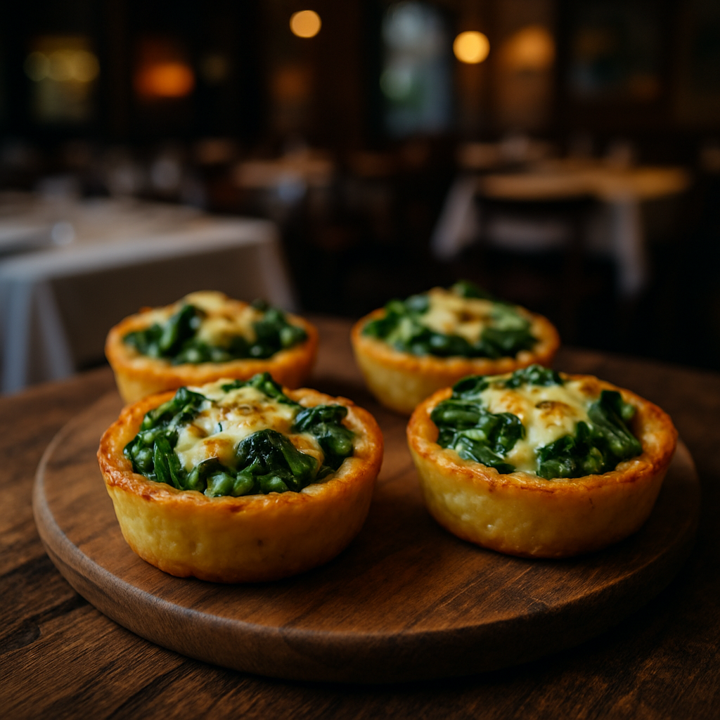 Mini potato tarts with vegetables and Fontina cheese on a wooden table.