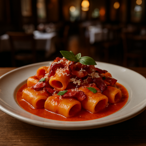 Paccheri pasta with creamy bell pepper sauce and crispy guanciale on a plate.