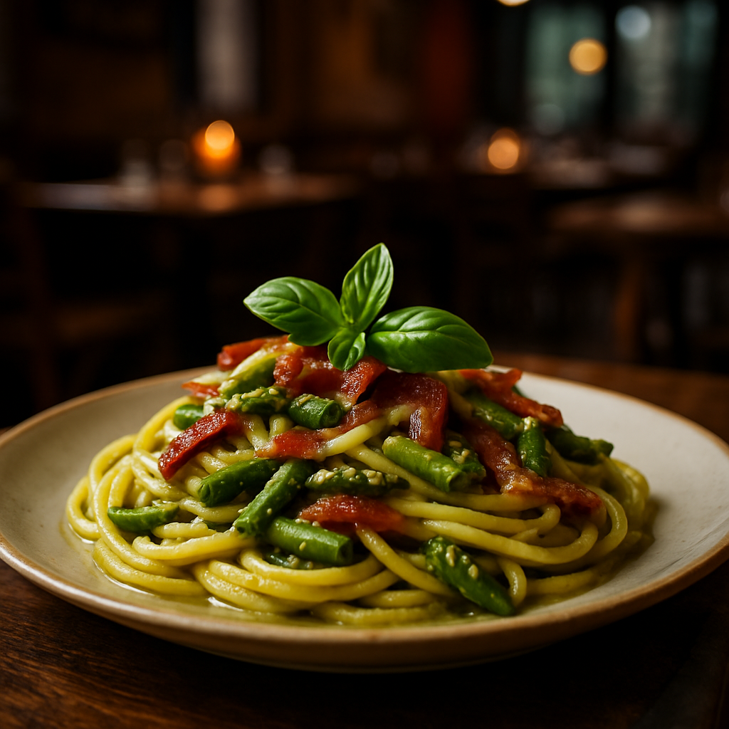 A plate of Pasta with Asparagus and Speck garnished with basil.