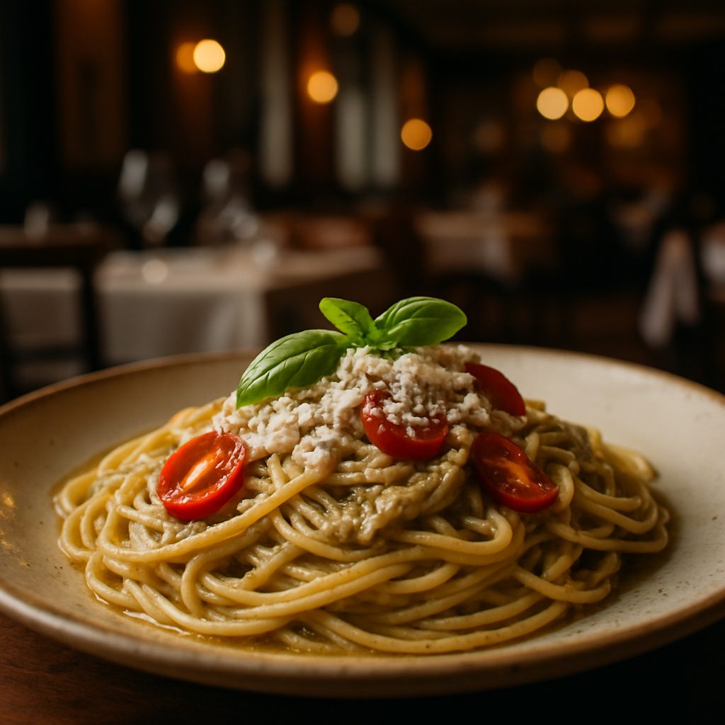 A plate of pasta with creamy eggplant sauce and ricotta salata.