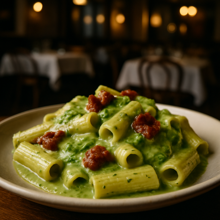 A plate of pasta with creamy escarole and spicy nduja.