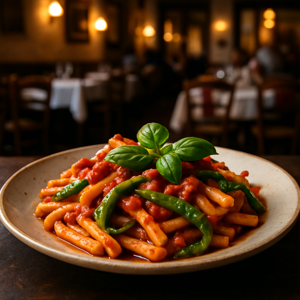 A plate of pasta with tomato sauce and friggitelli peppers.