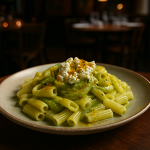 A delicious plate of pasta with zucchini cream and lemon goat cheese.